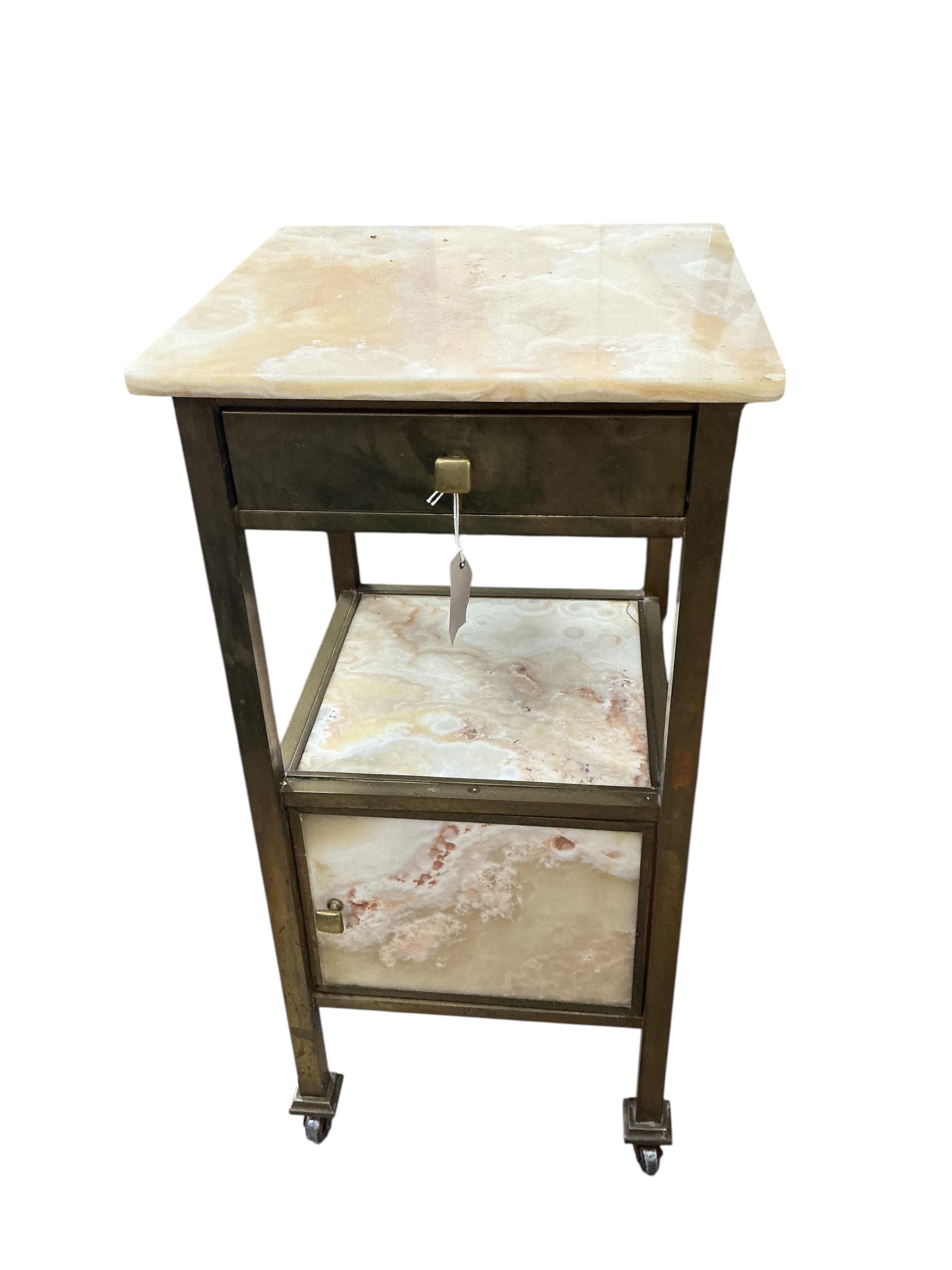 A French onyx and brass two tier washstand, width, 40cm, depth 40cm, height 81cm
